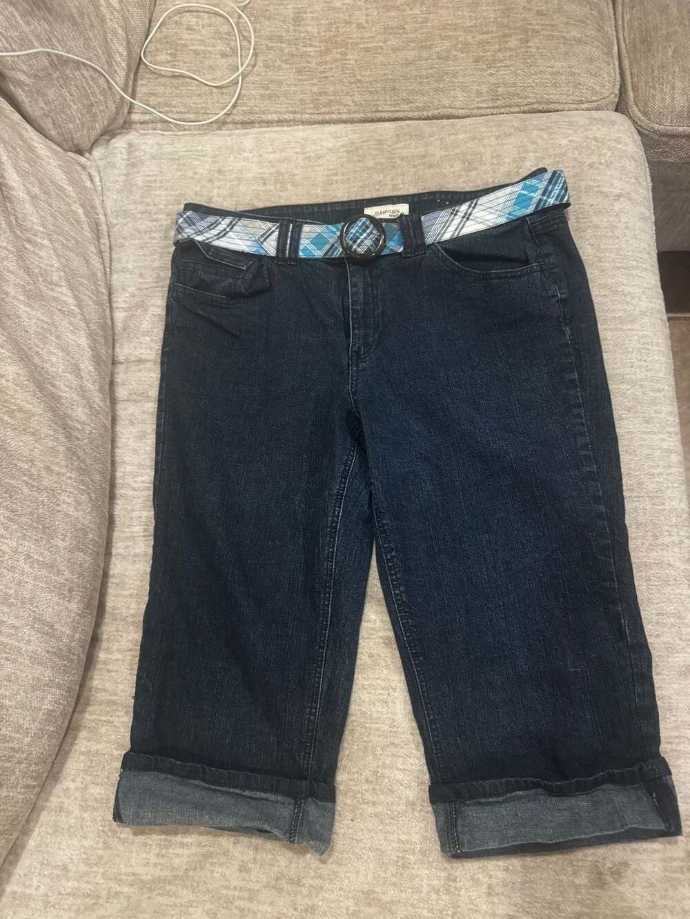 St. John's Bay Stretch Dark Wash Cuffed Crop Jeans with Plaid Belt